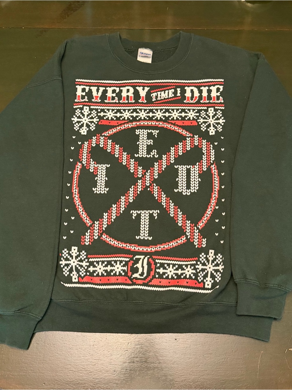 Gildan Dark Green Crewneck with Red and White Holiday Graphic